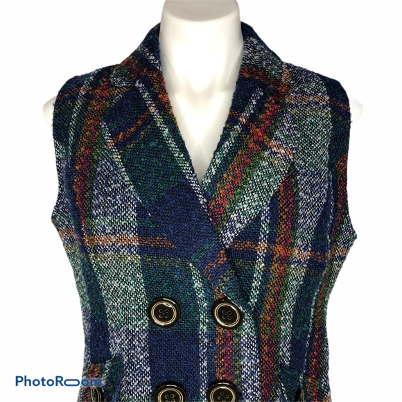CAbi #908 Blue Plaid Wool Blend Dbl Breasted Vest - Picture 2 of 8